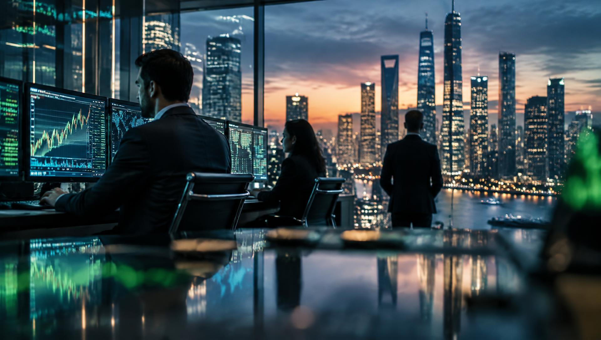 Financial trading floor overlooking a city skyline at dusk