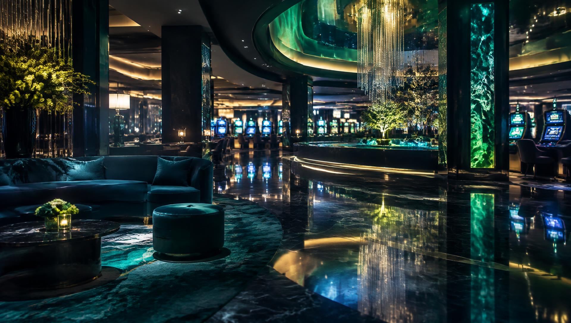 Modern casino resort lobby and gaming floor at night