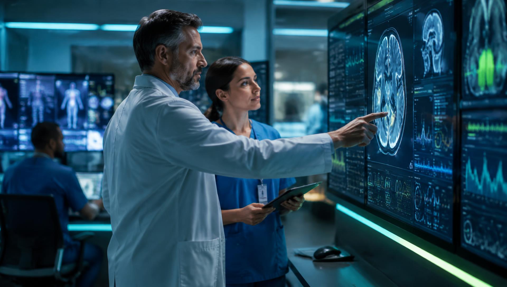 Clinicians reviewing digital health data on large displays
