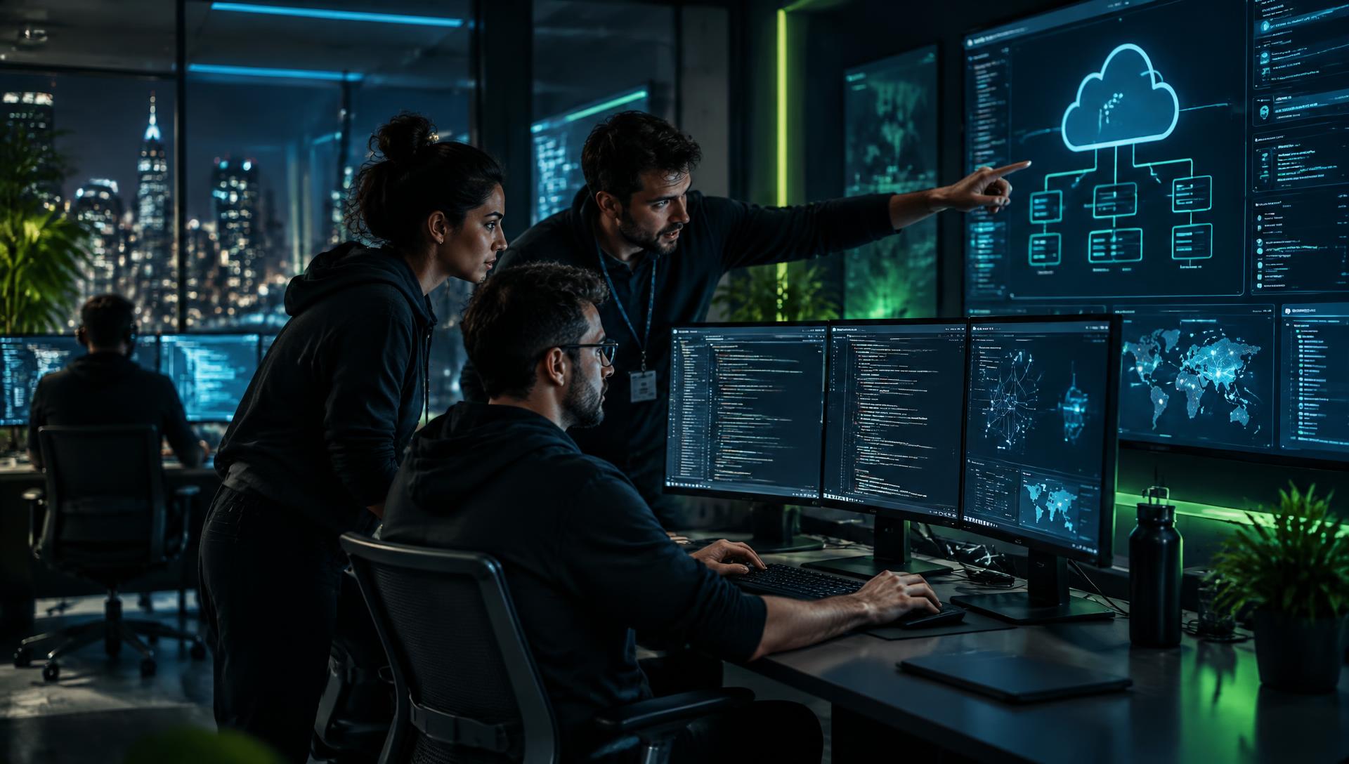 Engineers collaborating on cloud architecture in a modern office