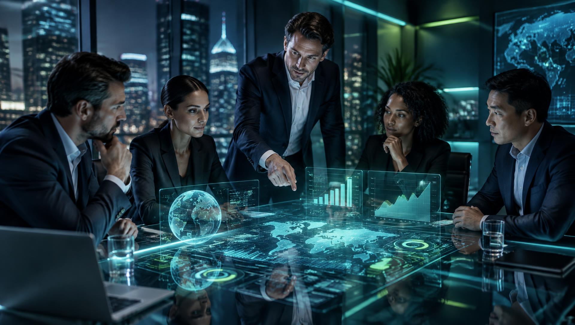 Consultants reviewing business and technology data around a conference table